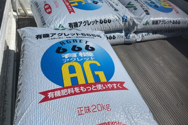 ブドウへ元肥を散布しました。